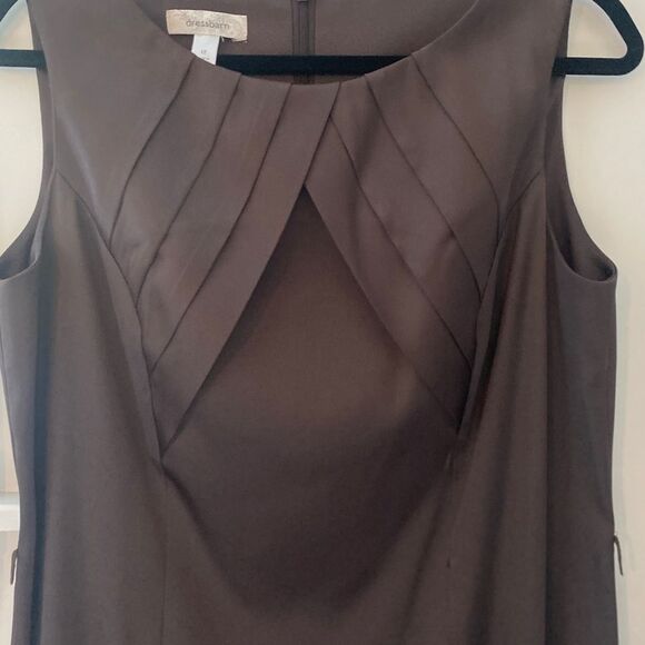 Dress Barn Satin Pleated Shift Dress Women’s 12 Brown Sleeveless Career Formal - Picture 5 of 13